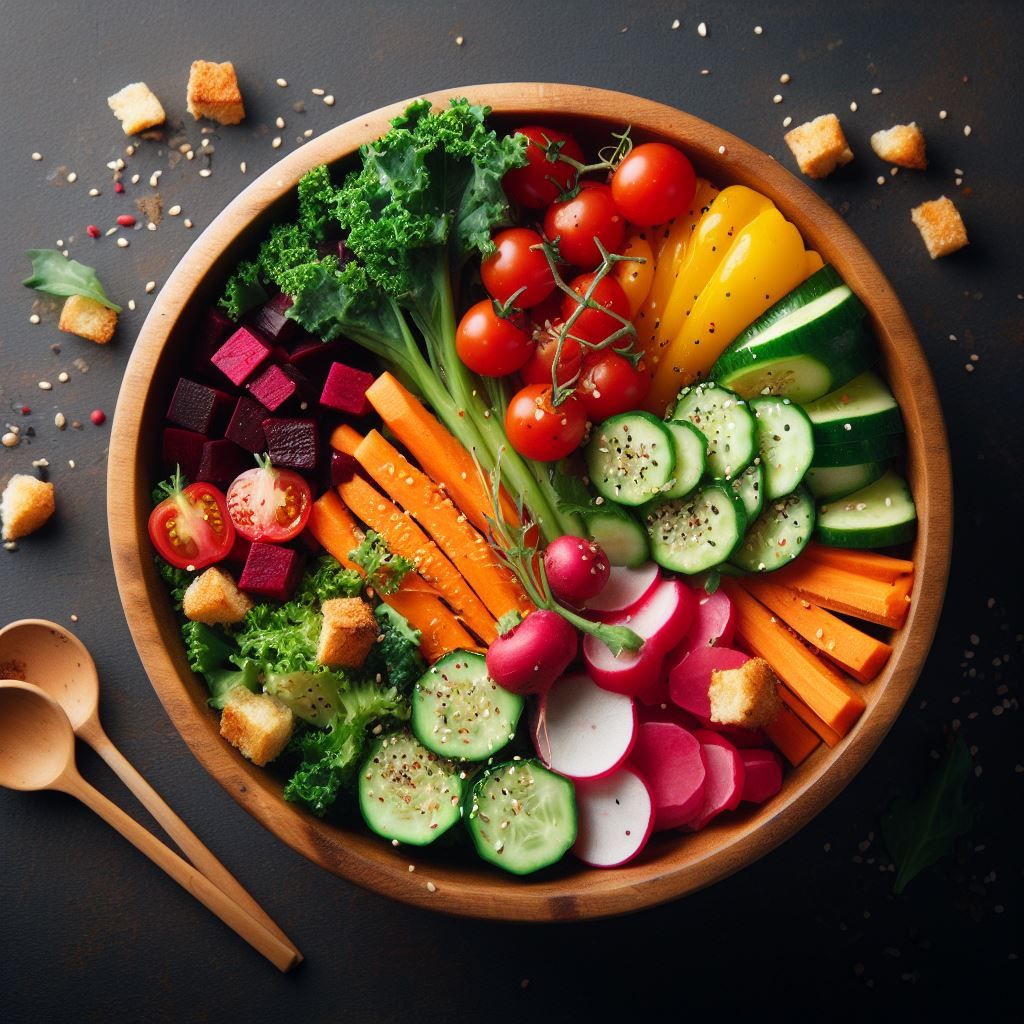 Fresh whole foods and colourful vegetables arranged on a wooden kitchen surface